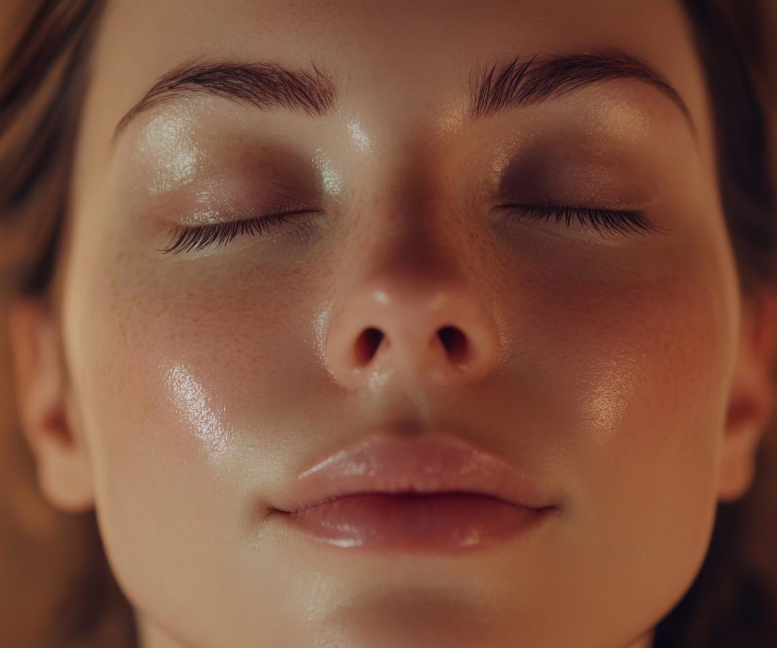 Entspannt das glänzendes Gesicht nach einer Refresh-Gesichtsmassage in einem Münchner Kosmetikstudio.