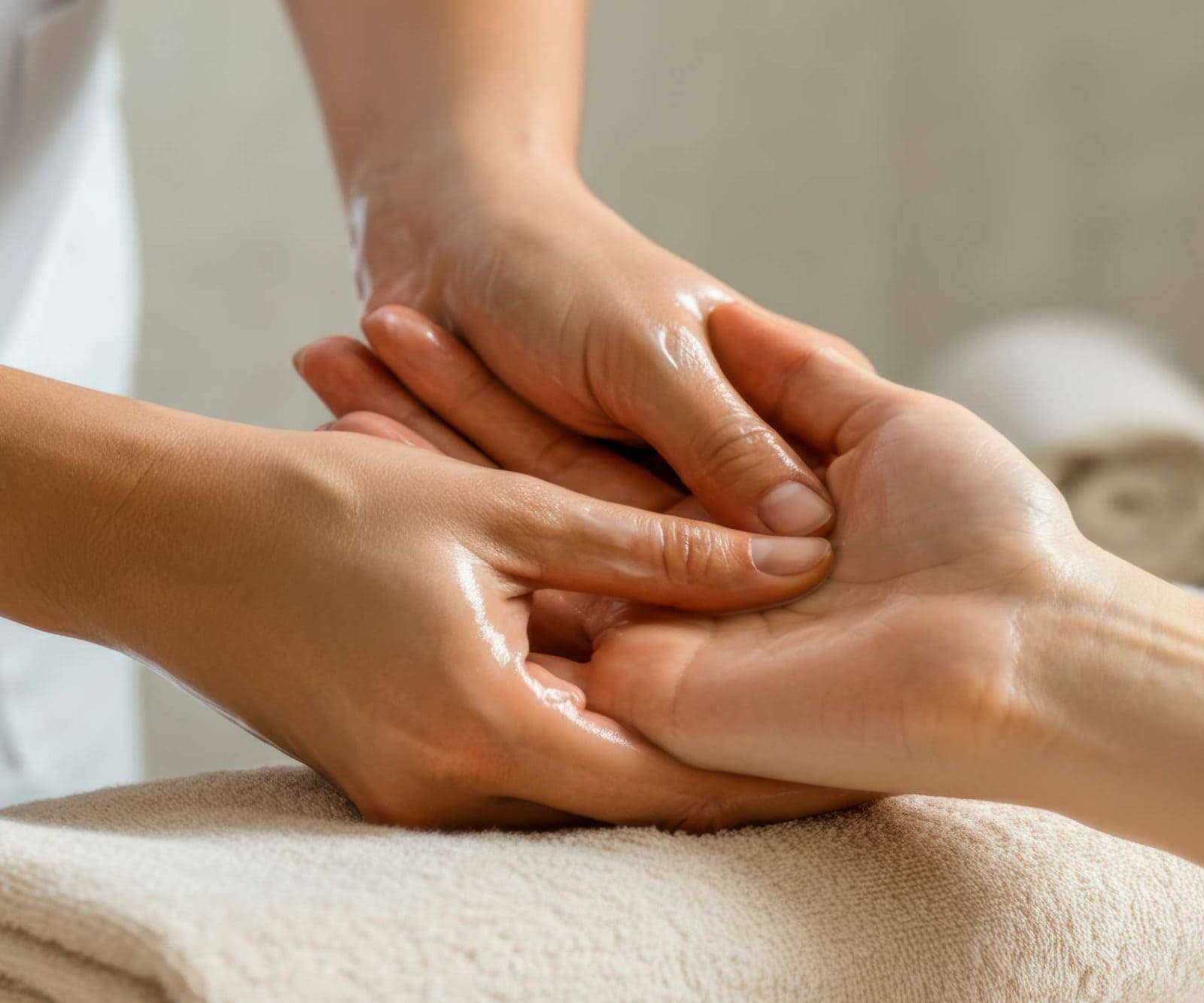 Entspannende Handmassage, eine Hand massiert die andere.