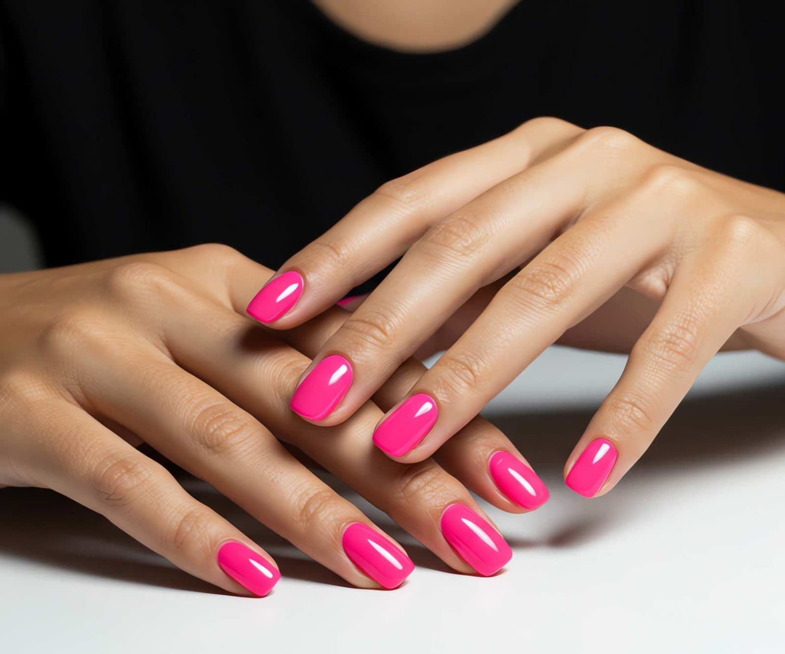 Schöne, knallige, pinke Fingernägel mit UV-Lack.